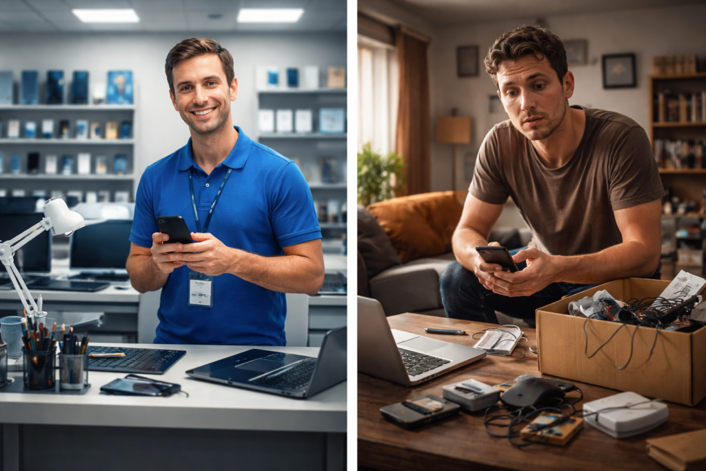 Cette image montre pourquoi acheter un pc reconditionné chez un professionnel, en illustrant deux types de vendeurs d'informatique, un particulier et un professionnel
